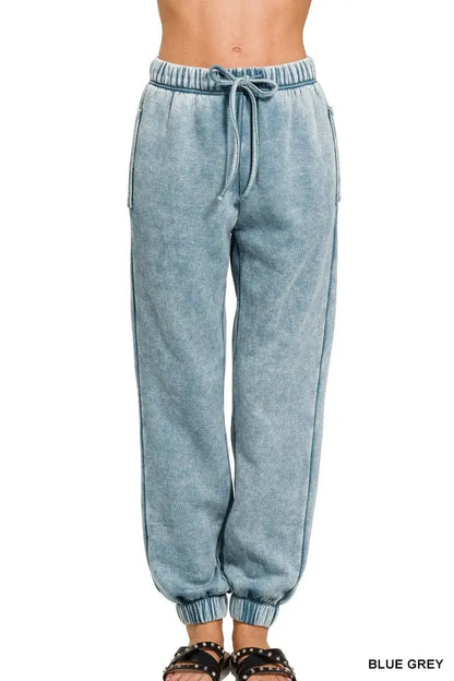 Zenana Acid Wash Fleece Sweatpants with Pockets - BLUE GREY / S - Fleece Sweatpants with Pockets