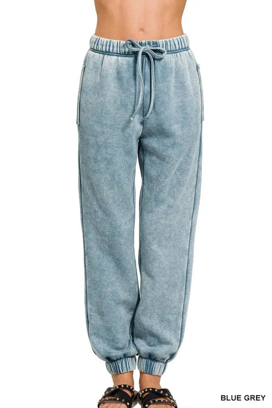 Zenana Acid Wash Fleece Sweatpants with Pockets - BLUE GREY / S - Fleece Sweatpants with Pockets