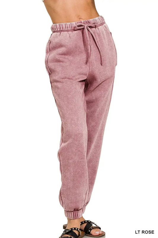 Zenana Acid Wash Fleece Sweatpants with Pockets - LT ROSE / S