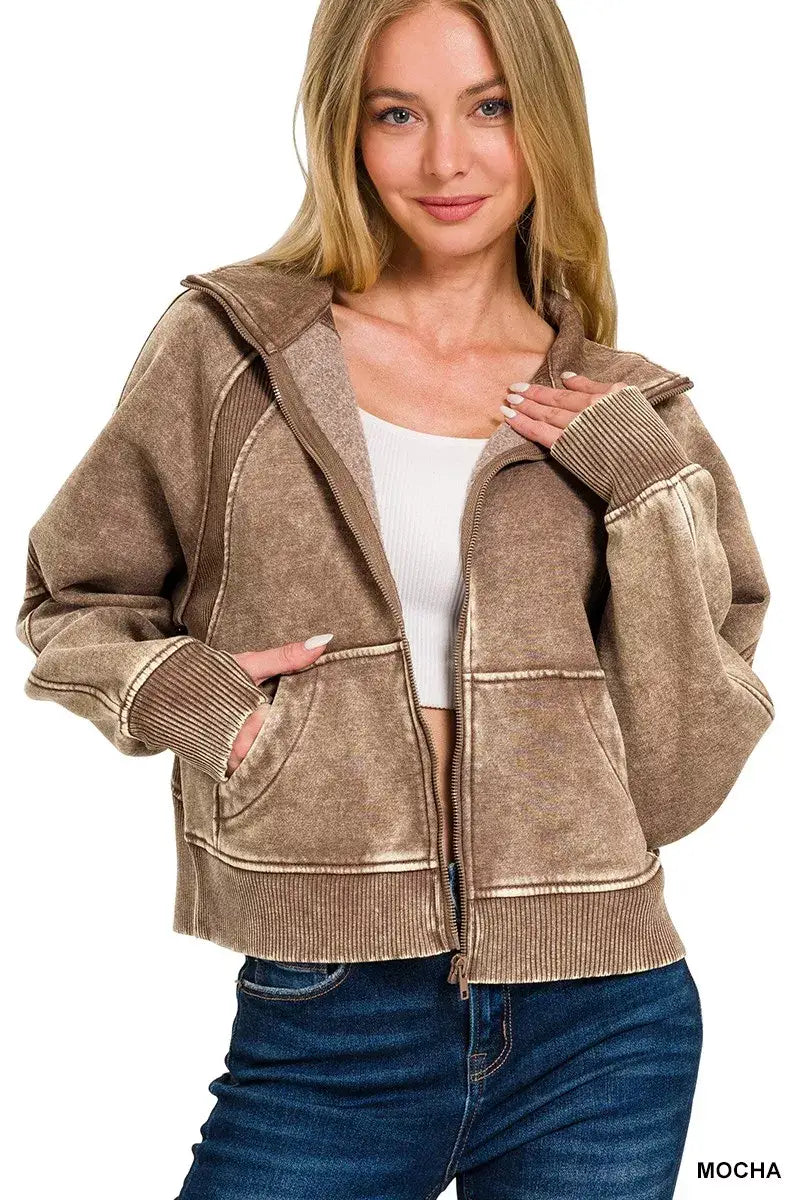 Zenana Acid Wash Zip Up Fleece Jacket - MOCHA / S