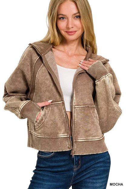 Zenana Acid Wash Zip Up Fleece Jacket - MOCHA / S