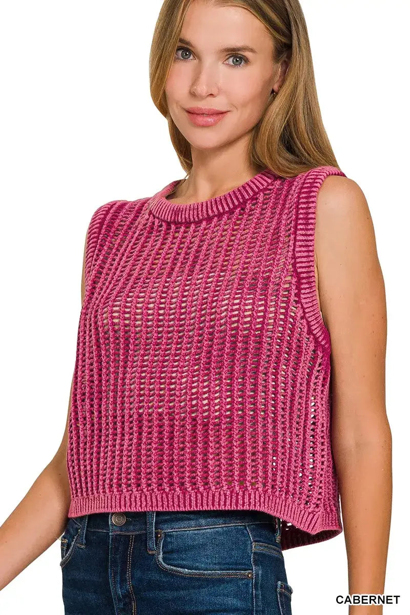 Zenana Acid Washed Fishnet Sweater Vest - Fishnet Sweater