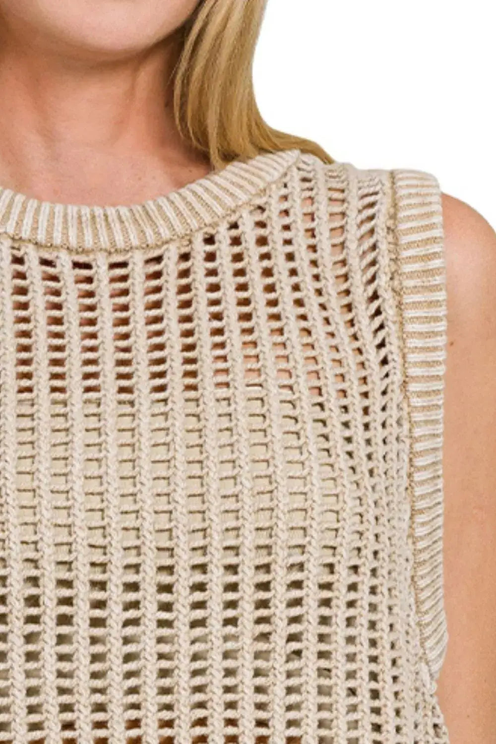 Zenana Acid Washed Fishnet Sweater Vest