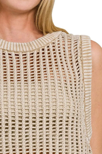 Zenana Acid Washed Fishnet Sweater Vest