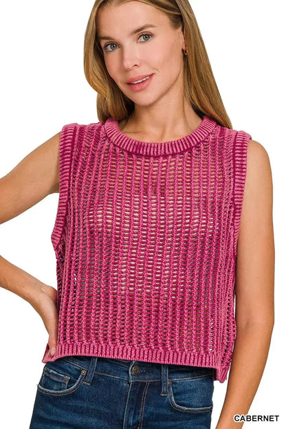 Zenana Acid Washed Fishnet Sweater Vest - CABERNET / S - Fishnet Sweater