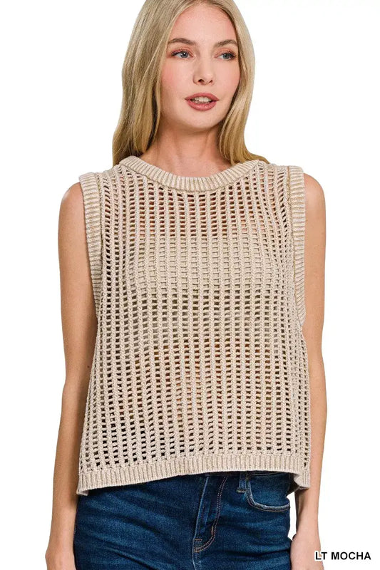 Zenana Acid Washed Fishnet Sweater Vest - LT MOCHA / S