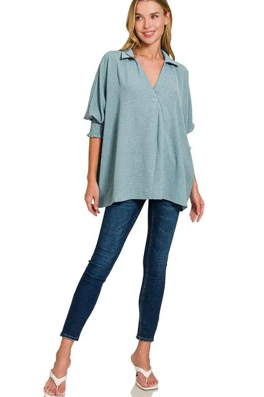 Zenana Airflow Collar Tee with Smocked Sleeve Band Top