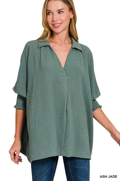 Zenana Airflow Collar Tee with Smocked Sleeve Band Top - ASH JADE / S