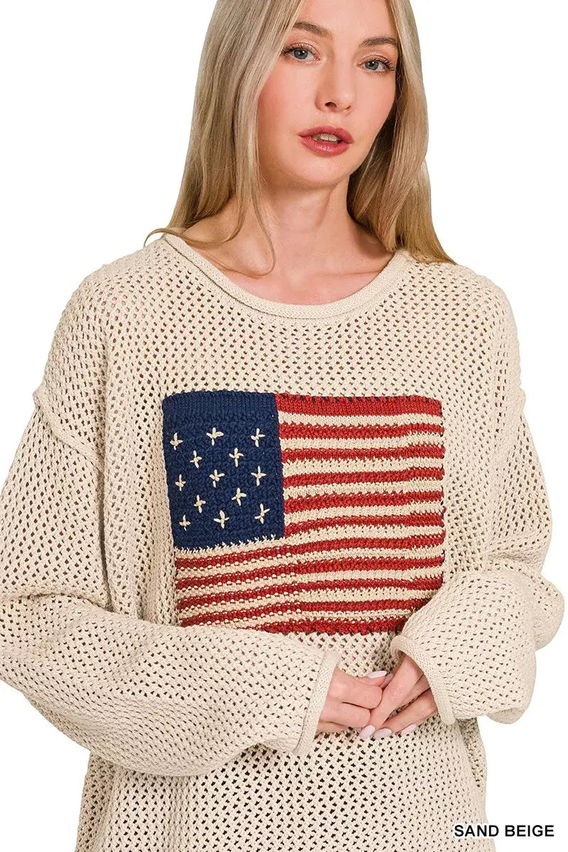 Zenana American Flag Crew Neck Sweater - Flag Crew Neck Sweater