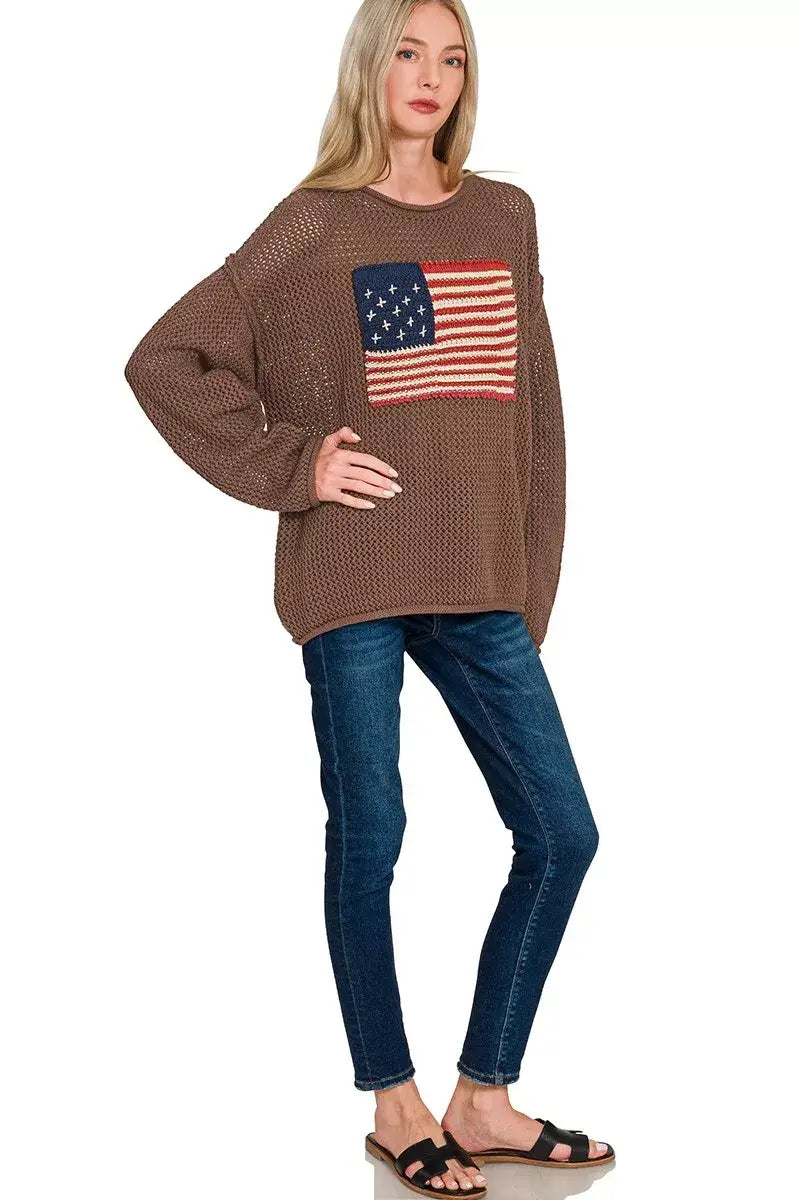 Zenana American Flag Crew Neck Sweater - Flag Crew Neck Sweater