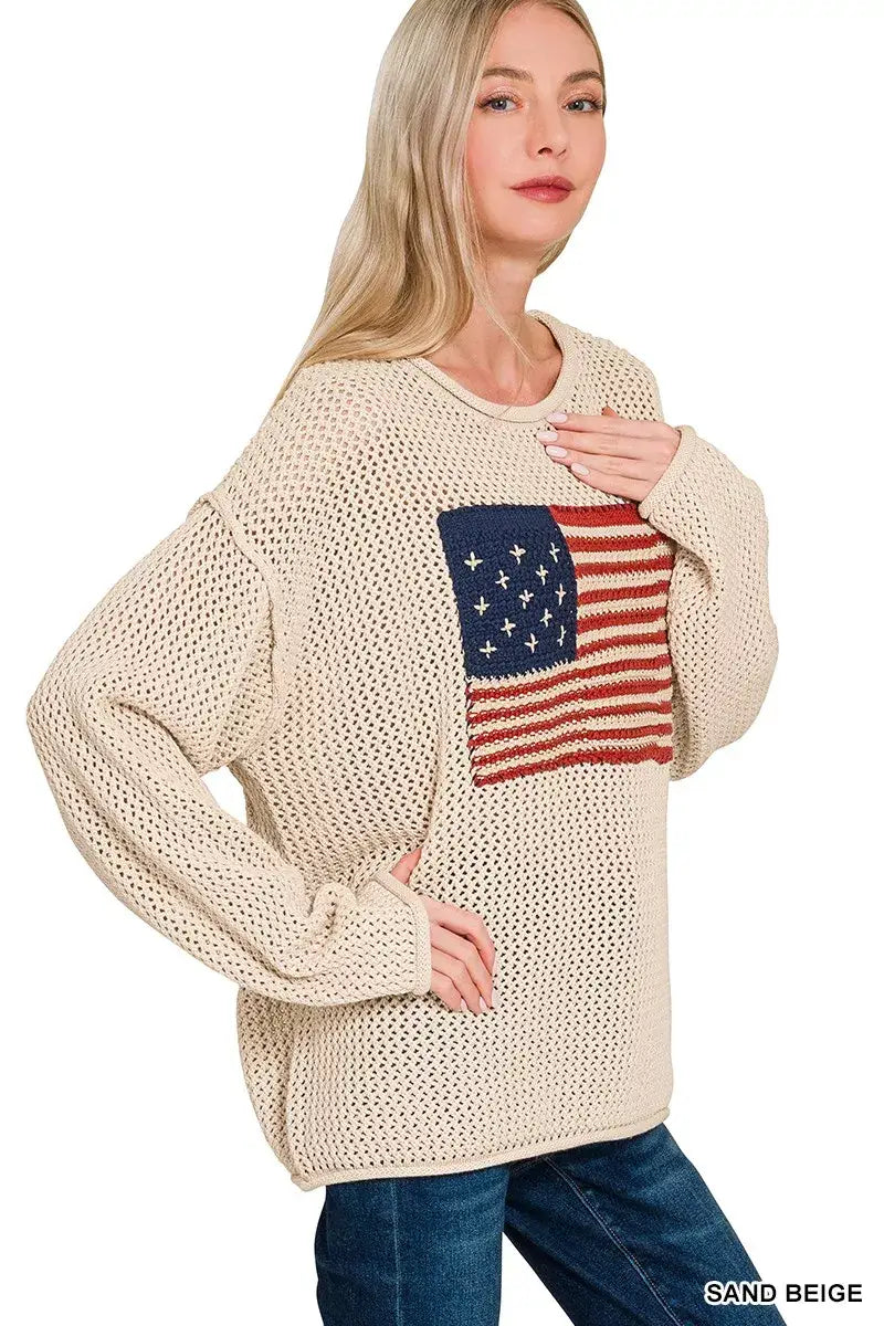 Zenana American Flag Crew Neck Sweater - Flag Crew Neck Sweater