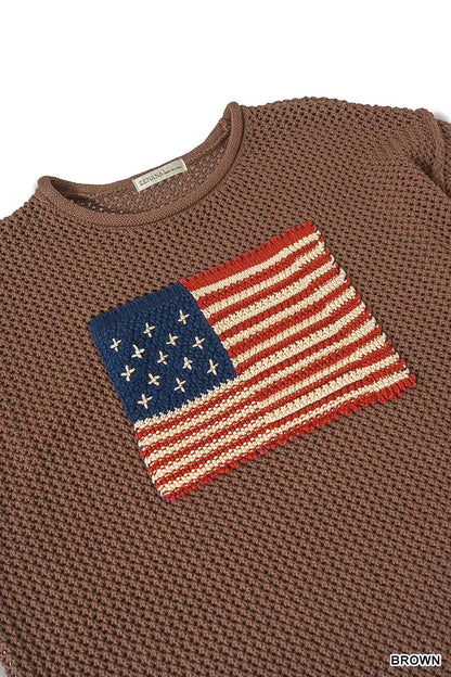 Zenana American Flag Crew Neck Sweater - Flag Crew Neck Sweater