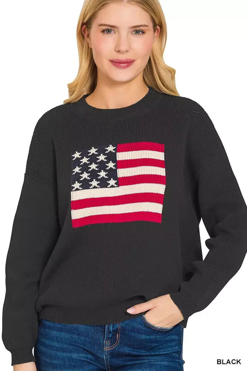 Zenana American Flag Crew Neck Sweater
