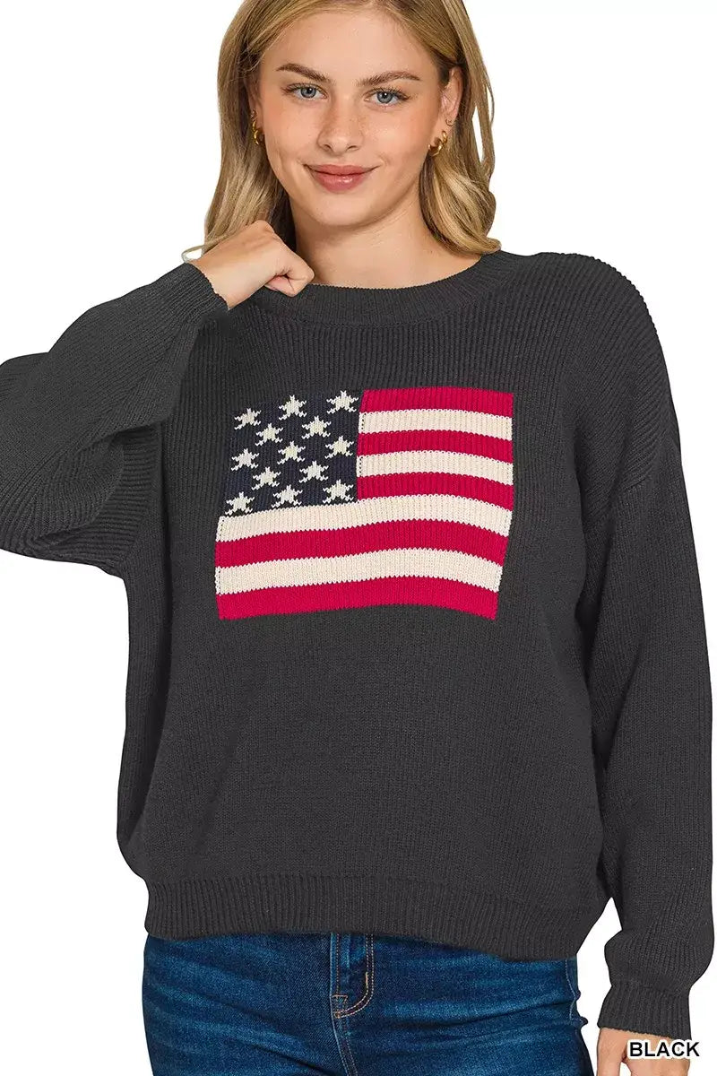 Zenana American Flag Crew Neck Sweater - BLACK / S