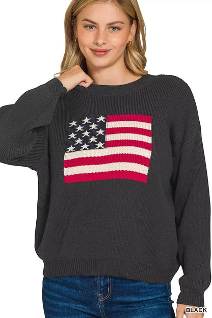 Zenana American Flag Crew Neck Sweater - BLACK / S
