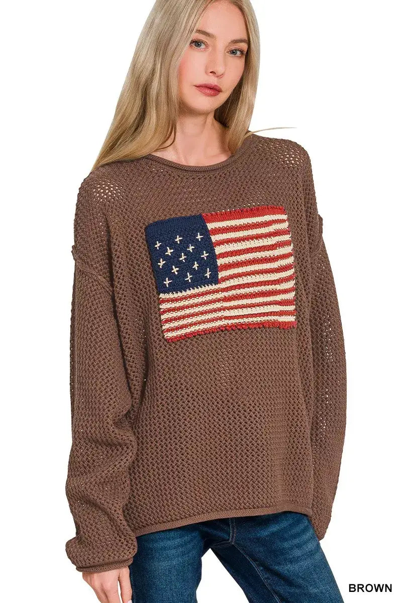 Zenana American Flag Crew Neck Sweater - BROWN / S - Flag Crew Neck Sweater