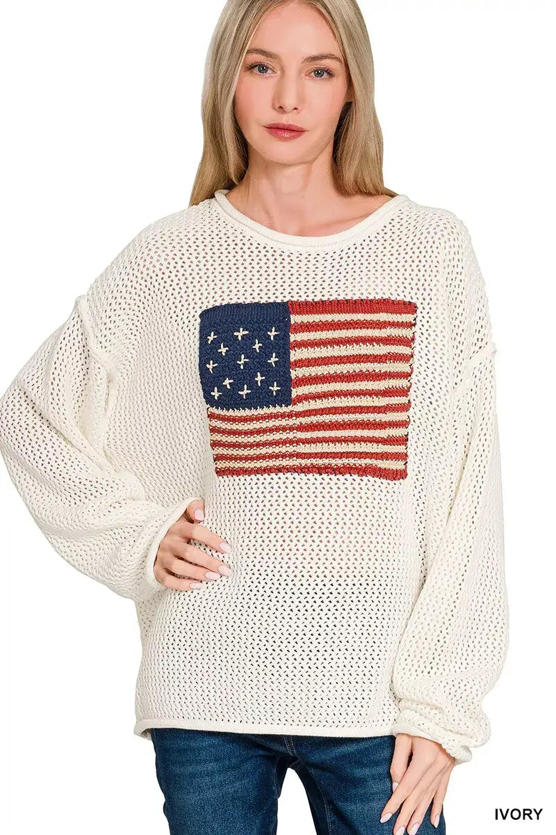 Zenana American Flag Crew Neck Sweater - IVORY / S