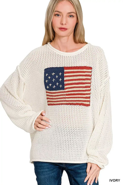Zenana American Flag Crew Neck Sweater - IVORY / S