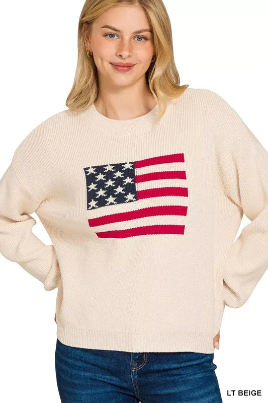 Zenana American Flag Crew Neck Sweater - LT BEIGE / S