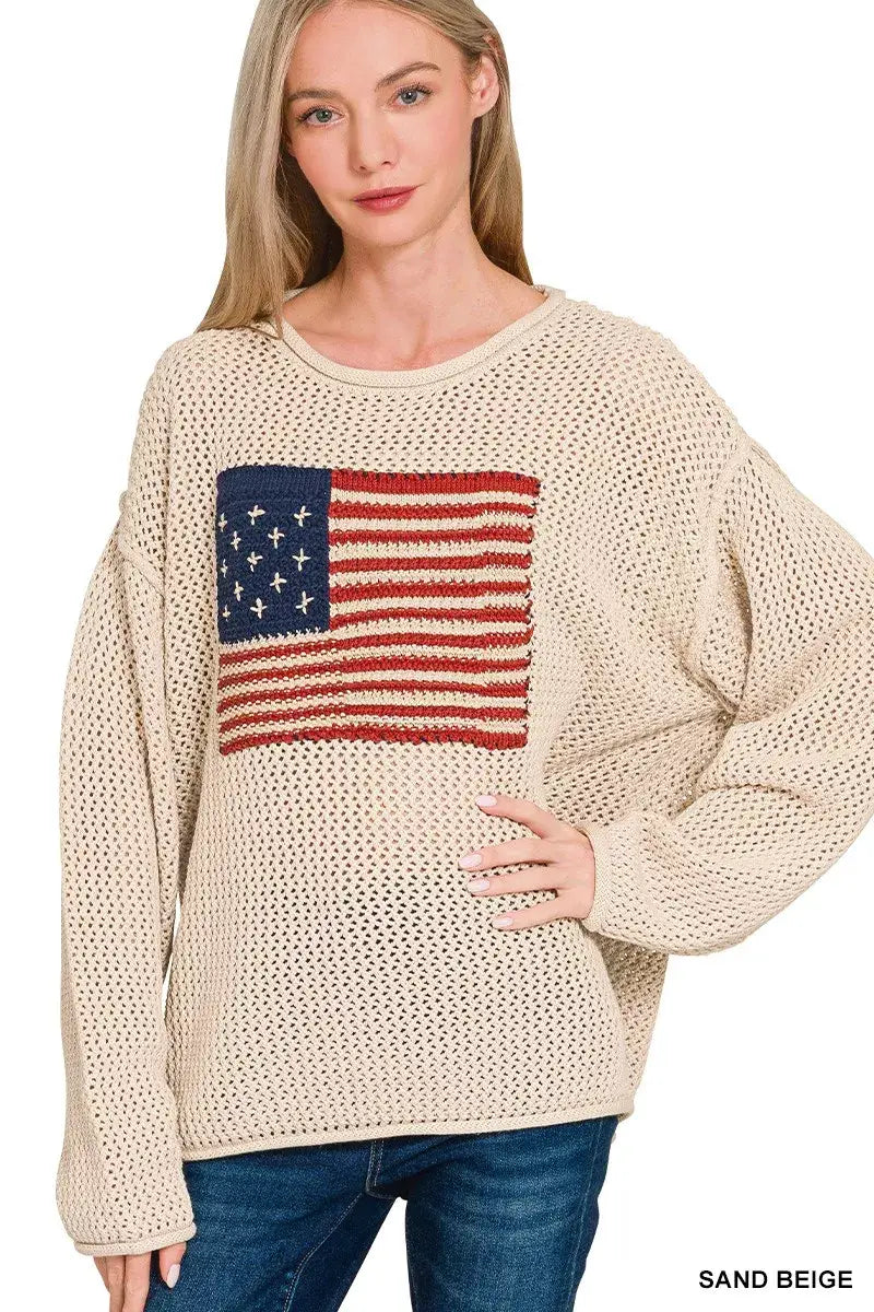 Zenana American Flag Crew Neck Sweater - SAND BEIGE / S - Flag Crew Neck Sweater