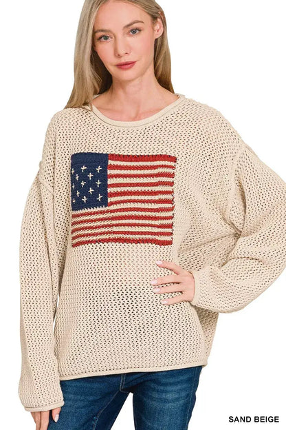 Zenana American Flag Crew Neck Sweater - SAND BEIGE / S - Flag Crew Neck Sweater