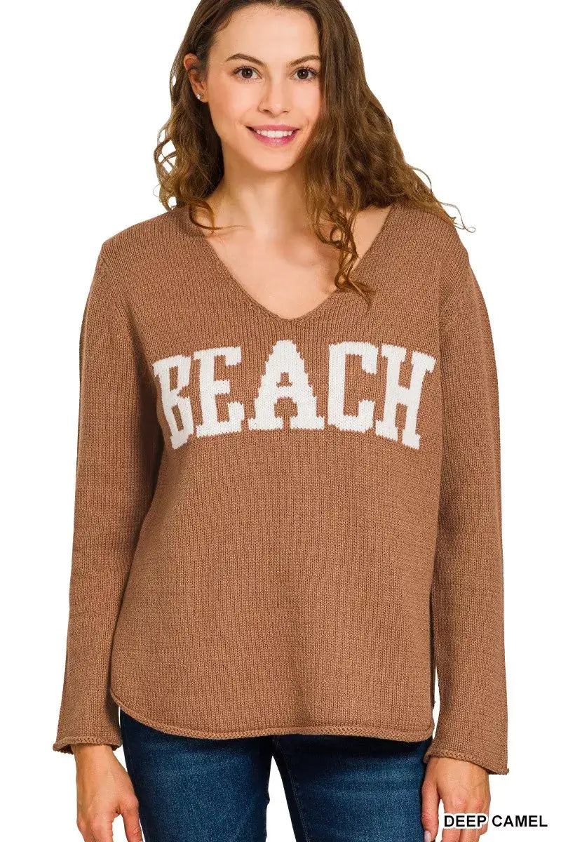 Zenana Beach V Neck Sweater - DEEP CAMEL / S
