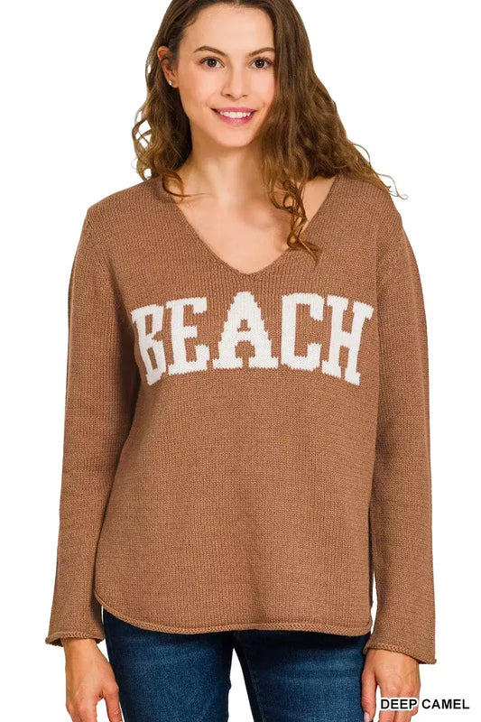 Zenana Beach V Neck Sweater - DEEP CAMEL / S