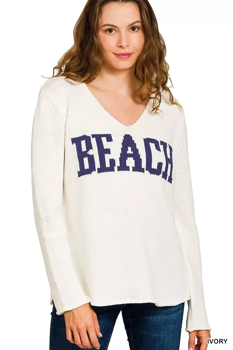 Zenana Beach V Neck Sweater - IVORY / S