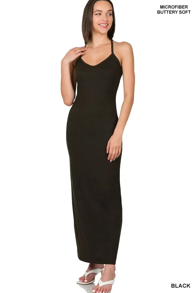 Zenana Brushed Dty Thin Strap Racerback V-Neck Maxi Dress - BLACK / S - Racerback V-Neck Maxi Dress