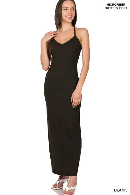 Zenana Brushed Dty Thin Strap Racerback V-Neck Maxi Dress - BLACK / S - Racerback V-Neck Maxi Dress