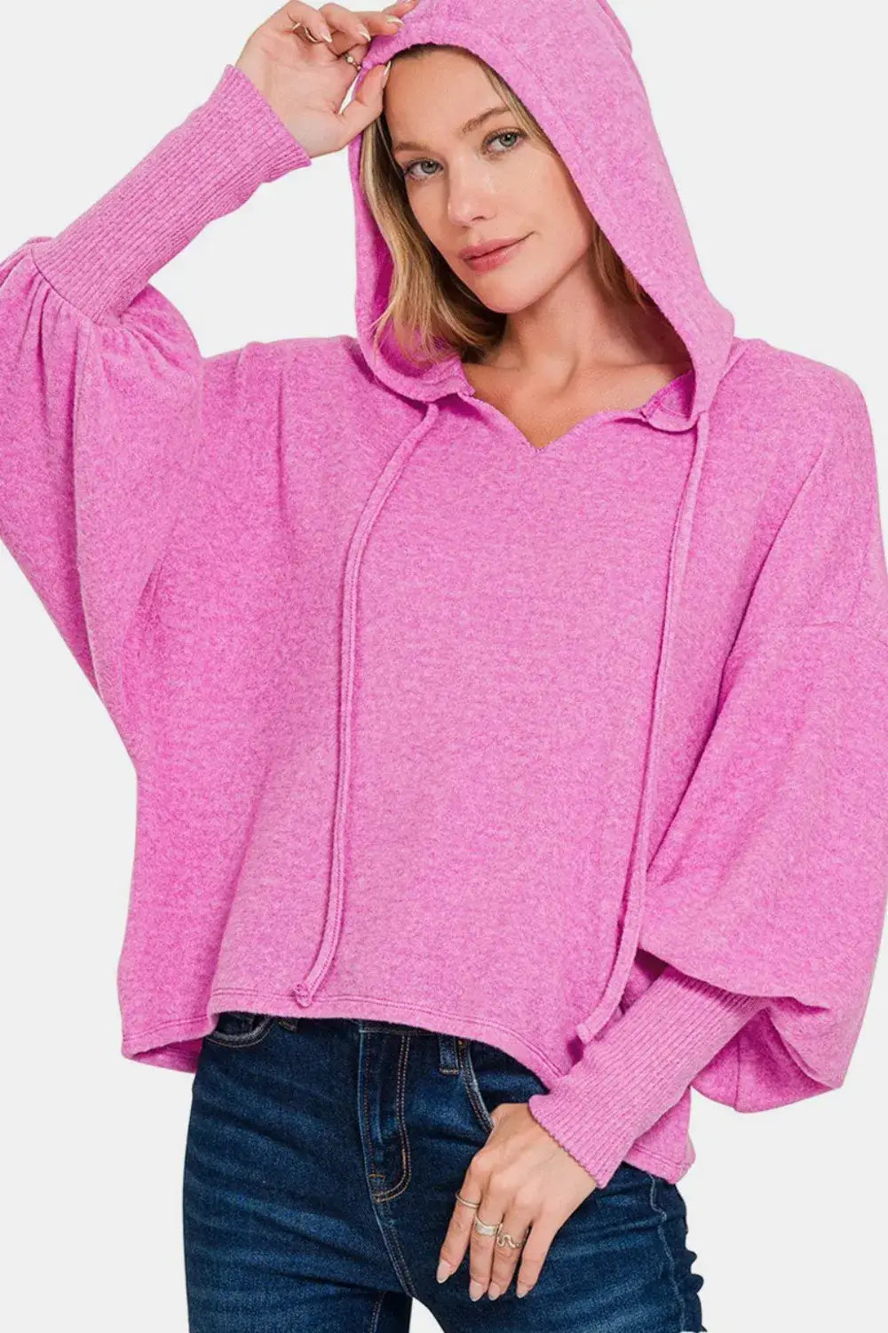 Zenana Brushed Hacci Drop Shoulder Cropped Hoodie - Bright Mauve / S/M
