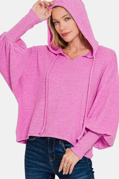 Zenana Brushed Hacci Drop Shoulder Cropped Hoodie - Bright Mauve / S/M