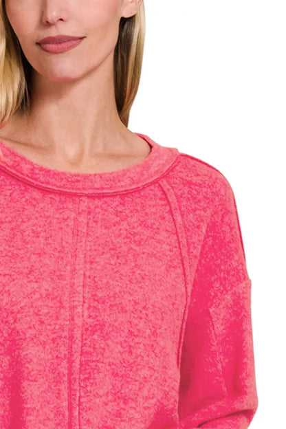 Zenana Brushed Hacci Exposed Seam Hi Low Sweater
