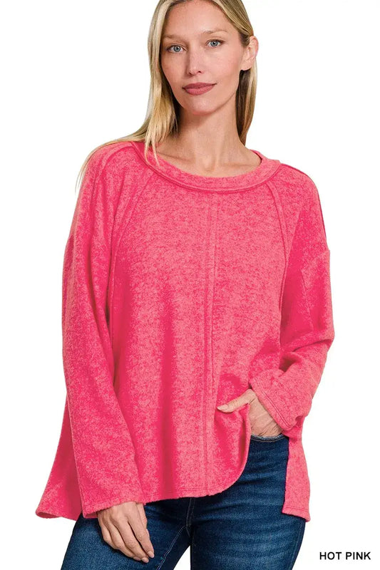 Zenana Brushed Hacci Exposed Seam Hi Low Sweater - HOT PINK / S/M