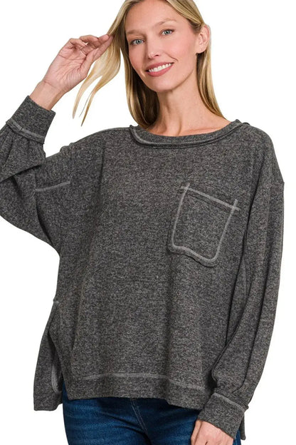 Zenana Brushed Hacci Hi-low Round Neck Knit Top - BLACK / S/M - Slim Solid Color Top