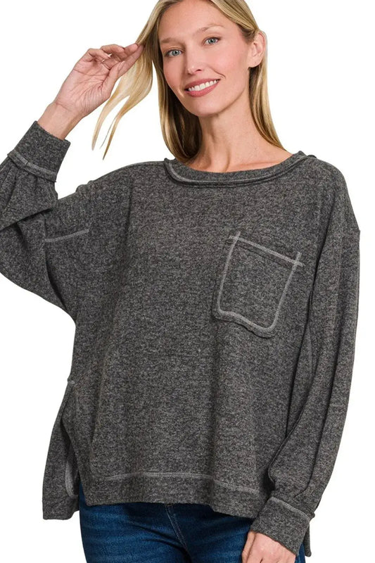 Zenana Brushed Hacci Hi-low Round Neck Knit Top - BLACK / S/M - Slim Solid Color Top