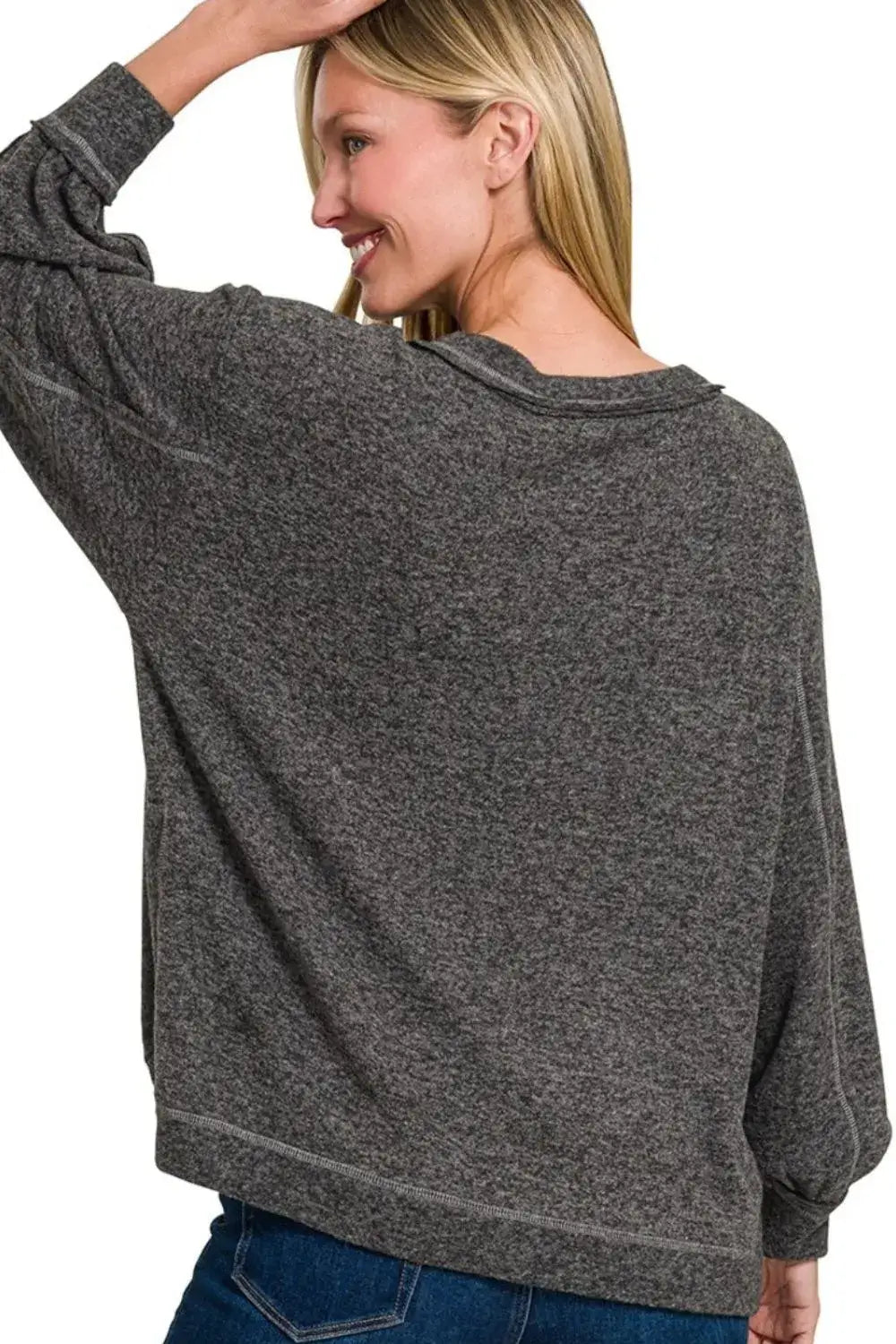 Zenana Brushed Hacci Hi-low Round Neck Knit Top - Slim Solid Color Top