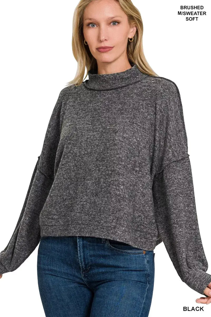 Zenana Brushed Melange Hacci Cropped Sweater - BLACK / S/M