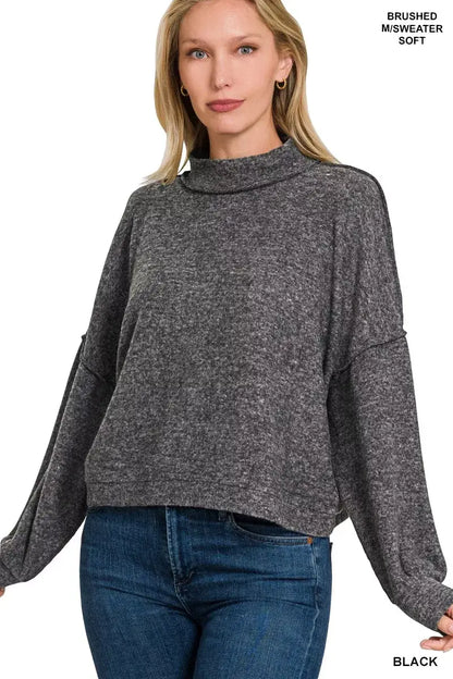 Zenana Brushed Melange Hacci Cropped Sweater - BLACK / S/M