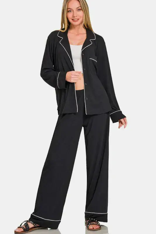 Zenana Button Down Long Sleeve Top and Pants Lounge Set - Black / S