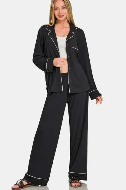 Zenana Button Down Long Sleeve Top and Pants Lounge Set - Black / S