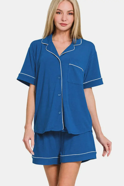 Royal blue short sleeve lounge set with white piping and button front shorts lounge set
