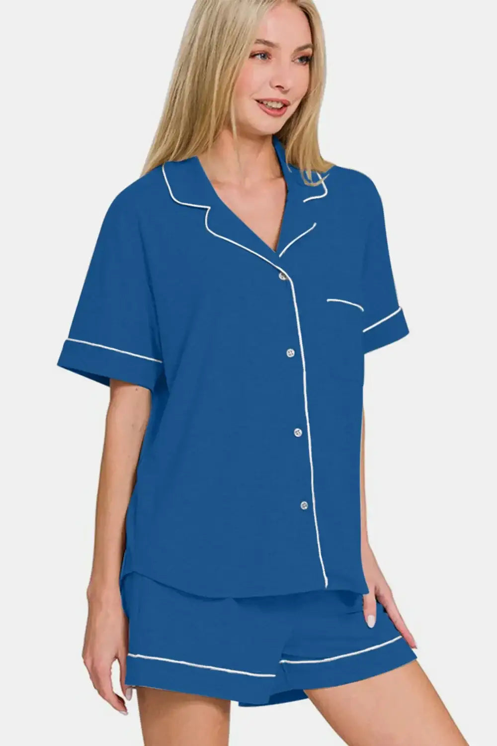 Royal blue short sleeve pajama lounge set with white piping and button front design