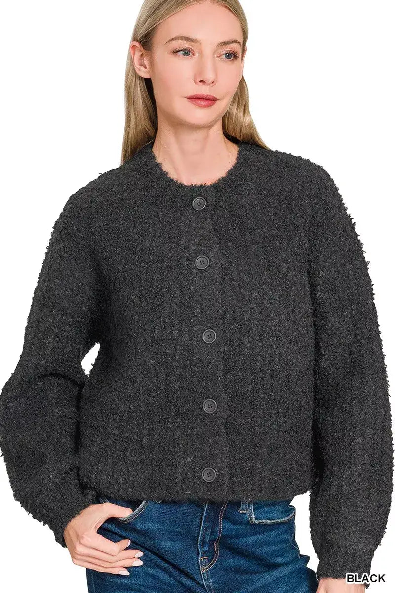Zenana Button Down Wool Cardigan Sweater - BLACK / S