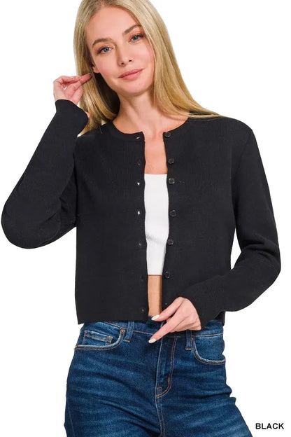Zenana Button-Front Crewneck Long Sleeve Cropped Cardigan - Long Sleeve Cropped Cardigan