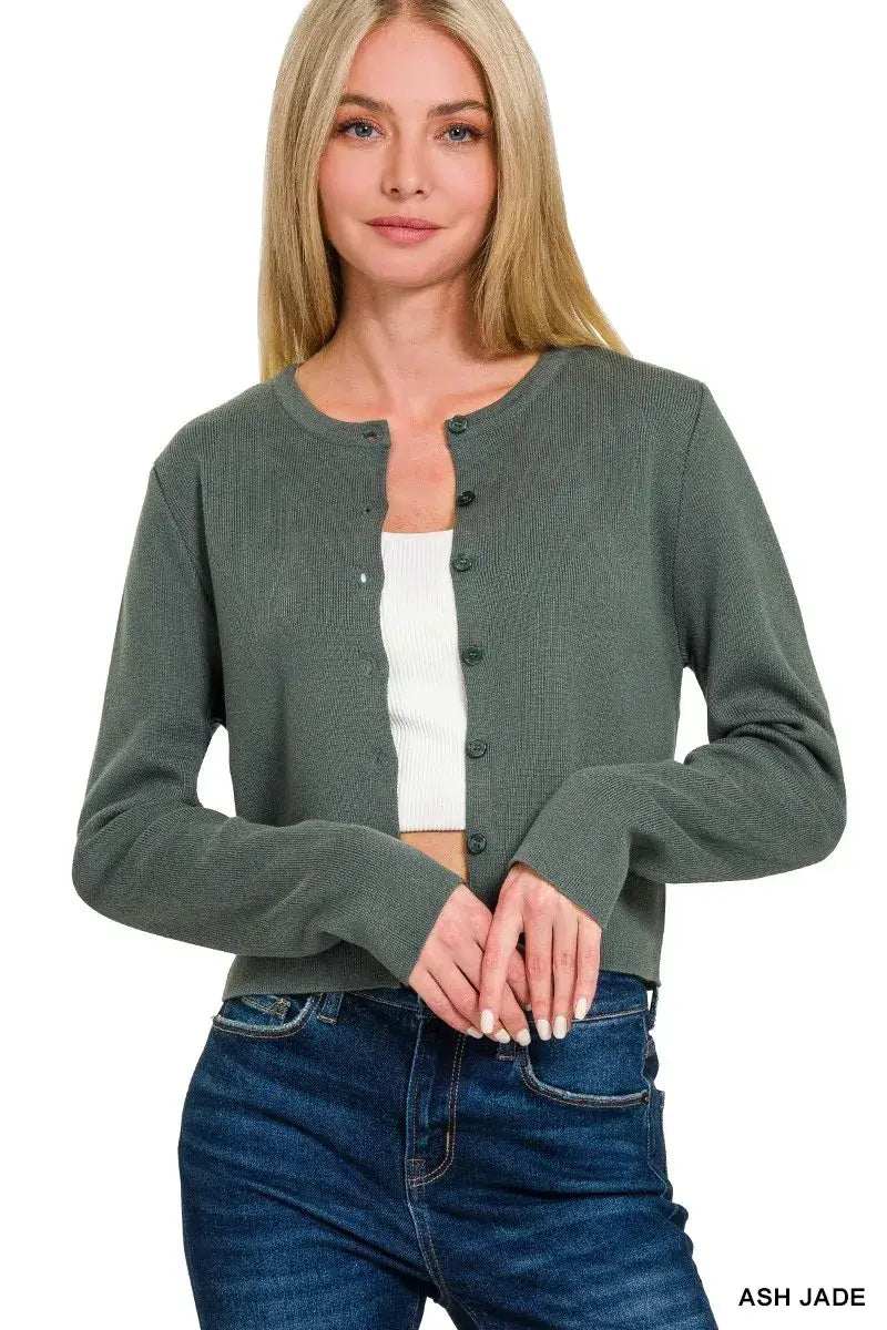 Zenana Button-Front Crewneck Long Sleeve Cropped Cardigan - ASH JADE / S