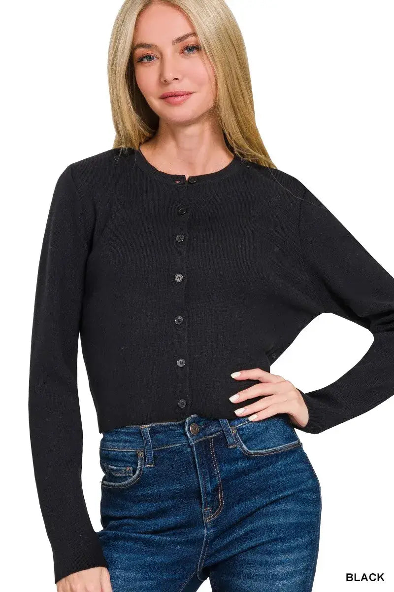 Zenana Button-Front Crewneck Long Sleeve Cropped Cardigan - BLACK / S - Long Sleeve Cropped Cardigan