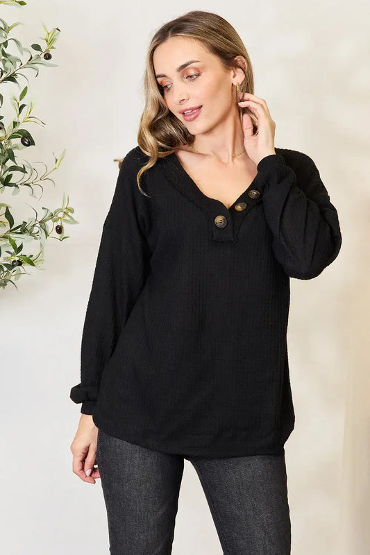 Zenana Buttoned Long Sleeve Blouse - Black / S