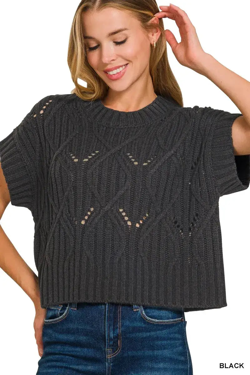 Zenana Cable Knit Short Sleeve Sweater - Short Sleeve Sweater