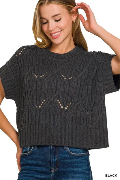 Zenana Cable Knit Short Sleeve Sweater - Short Sleeve Sweater